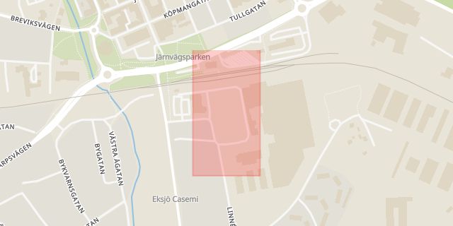 Karta som med röd fyrkant ramar in Industrigatan, Eksjö, Jönköpings län