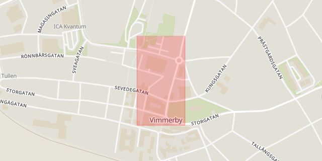 Karta som med röd fyrkant ramar in Norrtullsgatan, Vimmerby, Kalmar län