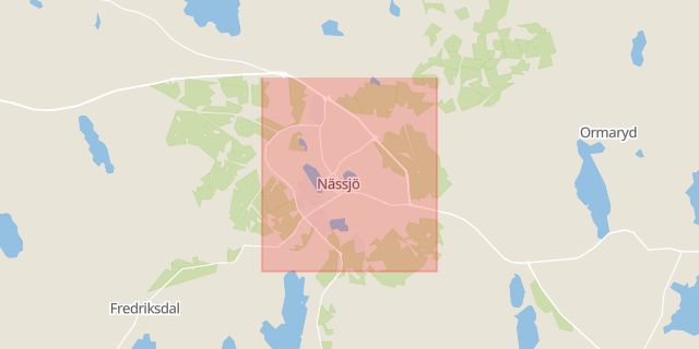 Karta som med röd fyrkant ramar in Nässjö, Eksjö Kommun, Skellefteå, Eksjö, Jönköpings län