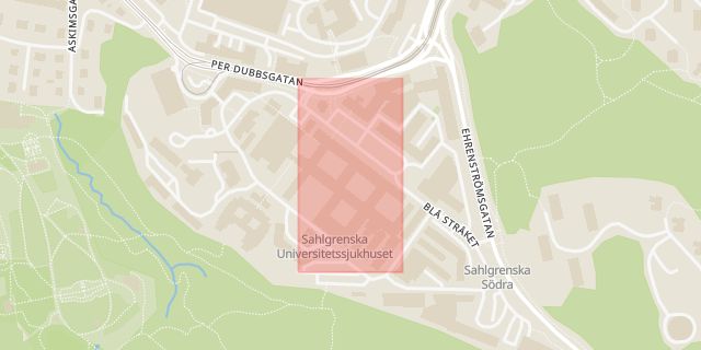 Karta som med röd fyrkant ramar in Jättesten, Sahlgrenska Sjukhuset, Göteborg, Västra Götalands län