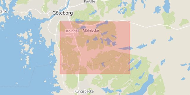 Karta som med röd fyrkant ramar in Mölndal, Trollhättan, Kungsgatan, Göteborg, Alekärrsvägen, Saffransgatan, Borås, Vindelgatan, Västra götalands län, Västra Götalands län