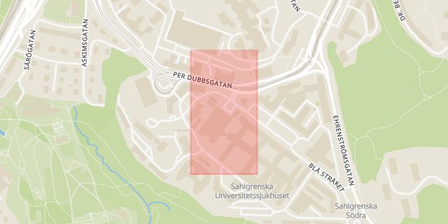 Karta som med röd fyrkant ramar in Kvillebäcken, Smörbollsgatan, Sahlgrenska Sjukhuset, Göteborg, Västra Götalands län