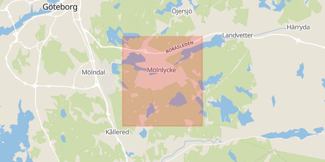 Karta som med röd fyrkant ramar in Härryda, Mölnlycke, Gullspång, Göteborg, Rosenlundsgatan, Västra Götalands län