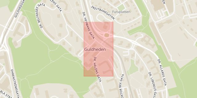 Karta som med röd fyrkant ramar in Guldheden, Guldhedsgatan, Dr Fries Torg, Göteborg, Västra Götalands län