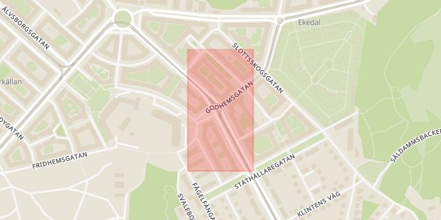 Karta som med röd fyrkant ramar in Kungsladugård, Godhemsgatan, Göteborg, Västra Götalands län