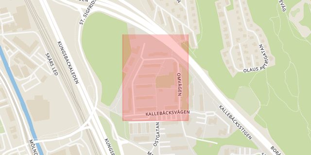 Karta som med röd fyrkant ramar in Omvägen, Kallebäck, Mölndals Sjukhus, Göteborg, Västra Götalands län