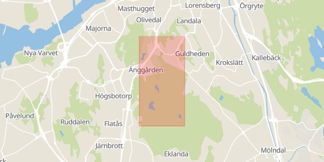 Karta som med röd fyrkant ramar in Änggården, Göteborg, Västra Götalands län