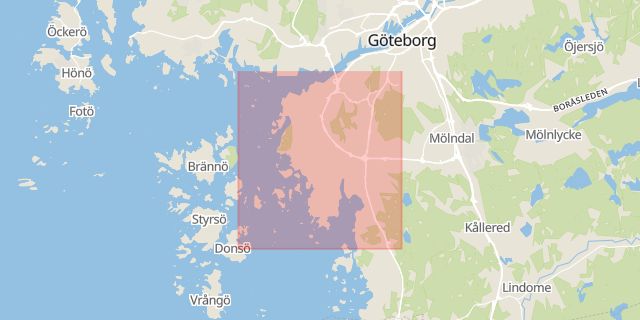 Karta som med röd fyrkant ramar in Västra Frölunda, Göteborg, Halland, Västra Götalands län