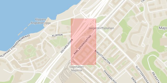 Karta som med röd fyrkant ramar in Systembolaget, Karl Johansgatan, Göteborg, Västra Götalands län
