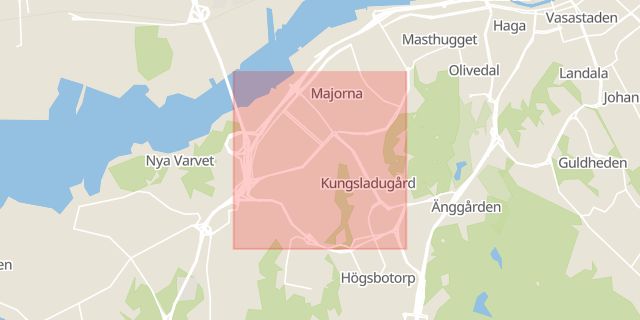 Karta som med röd fyrkant ramar in Göteborg, Härryda, Mölnlycke, Mariestad, Kungsladugård, Västra Götalands län