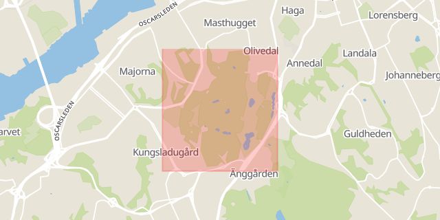 Karta som med röd fyrkant ramar in Slottsskogen, Göteborg, Västra Götalands län