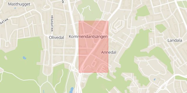 Karta som med röd fyrkant ramar in Övre Husargatan, Annedal, Göteborg, Västra Götalands län