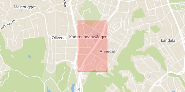 Karta som med röd fyrkant ramar in Övre Husargatan, Göteborg, Västra Götalands län