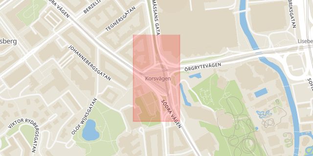 Karta som med röd fyrkant ramar in Korsvägen, Göteborg, Västra Götalands län