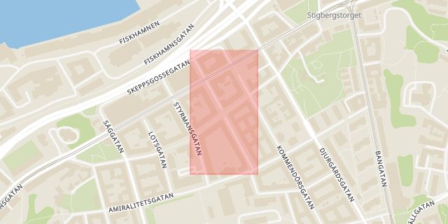 Karta som med röd fyrkant ramar in Kaptensgatan, Göteborg, Västra Götalands län