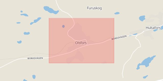 Karta som med röd fyrkant ramar in Olsfors, Bollebygd, Västra Götalands län