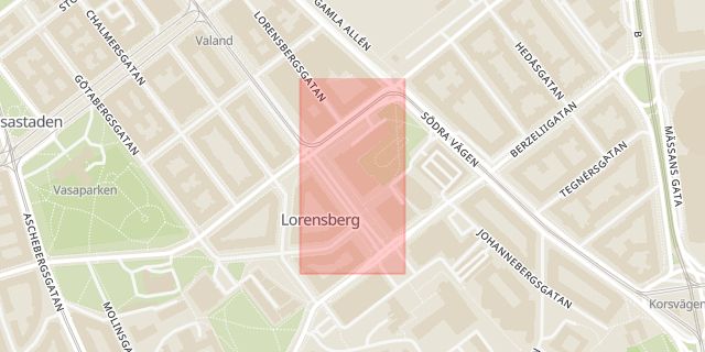 Karta som med röd fyrkant ramar in Lorensberg, Johannebergsgatan, Stadsbiblioteket, Park Lane, Göteborg, Västra Götalands län