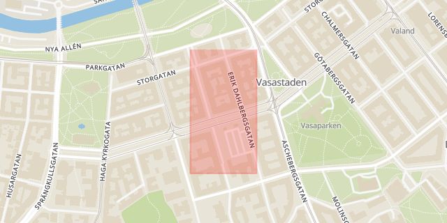Karta som med röd fyrkant ramar in Göteborg, Sahlgrenska Sjukhuset, Kungsportsavenyn, Betlehemskyrkan, Västra Götalands län