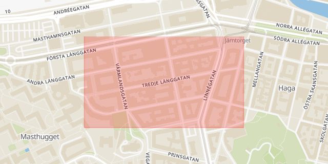 Karta som med röd fyrkant ramar in Tredje Långgatan, Göteborg, Västra Götalands län