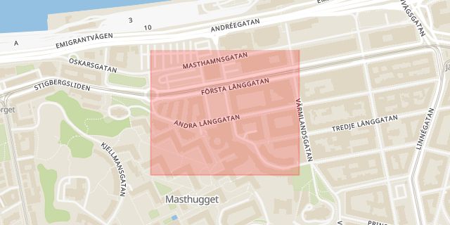 Karta som med röd fyrkant ramar in Andra Långgatan, Masthugget, Göteborg, Västra Götalands län