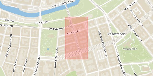 Karta som med röd fyrkant ramar in Angered, Vasa, Göteborg, Västra Götalands län