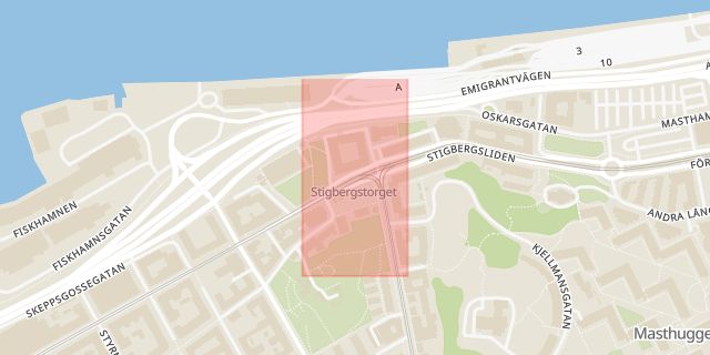 Karta som med röd fyrkant ramar in Stigbergstorget, Göteborg, Västra Götalands län