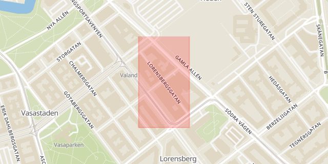 Karta som med röd fyrkant ramar in Lorensbergsgatan, Göteborg, Västra Götalands län