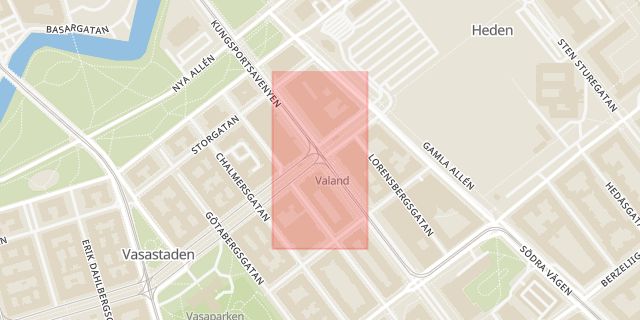 Karta som med röd fyrkant ramar in Kungsportsavenyn, Vasagatan, Göteborg, Västra Götalands län