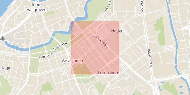 Karta som med röd fyrkant ramar in Göteborg, Vasagatan, Klöverstigen, Nödinge, Kungsportsavenyn, Västra Götalands län