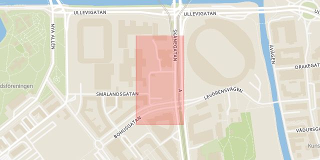 Karta som med röd fyrkant ramar in Polhemsplatsen, Ernst Fontells Plats, Göteborg, Västra Götalands län