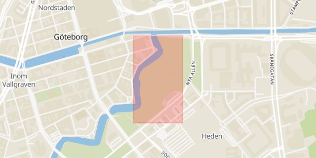 Karta som med röd fyrkant ramar in Kungsportsavenyn, Trädgårdsföreningen, Göteborg, Västra Götalands län