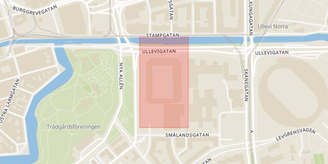 Karta som med röd fyrkant ramar in Sten Sturegatan, Gamla Ullevi, Göteborg, Västra Götalands län