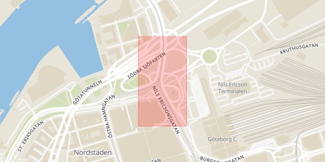Karta som med röd fyrkant ramar in Nils Ericsonsplatsen, Göteborg, Västra Götalands län
