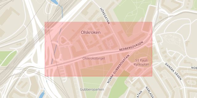Karta som med röd fyrkant ramar in Nobelgatan, Redbergsvägen, Göteborg, Västra Götalands län