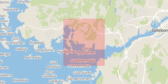 Karta som med röd fyrkant ramar in Arendal, Hisingen, Hammaren, Sahlgrenska Sjukhuset, Göteborg, Västra Götalands län