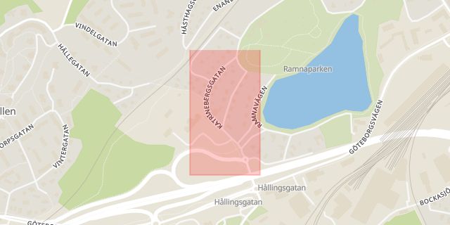 Karta som med röd fyrkant ramar in Parkstaden, Katrinebergsgatan, Borås, Västra Götalands län
