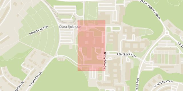 Karta som med röd fyrkant ramar in Östra Sjukhuset, Korsvägen, Göteborg, Västra Götalands län
