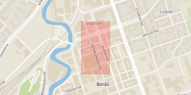 Karta som med röd fyrkant ramar in Hässleholmen, Distansgatan, Borås, Västra Götalands län