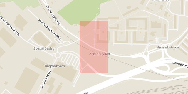 Karta som med röd fyrkant ramar in Lillhagsvägen, Anekdotgatan, Göteborg, Västra Götalands län