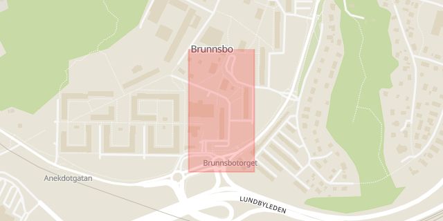 Karta som med röd fyrkant ramar in Brunnsbo, Författaregatan, Brunnsbotorget, Göteborg