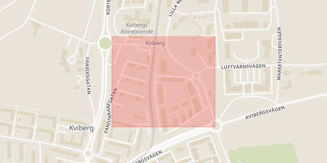 Karta som med röd fyrkant ramar in Kviberg, Regementsgatan, Göteborg, Västra Götalands län