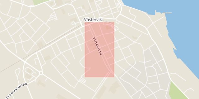 Karta som med röd fyrkant ramar in Esplanaden, Västervik, Kalmar län
