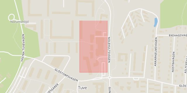 Karta som med röd fyrkant ramar in Tuve Centrum, Grästorp, Hantverkaregatan, Västra götalands län, Västra Götalands län