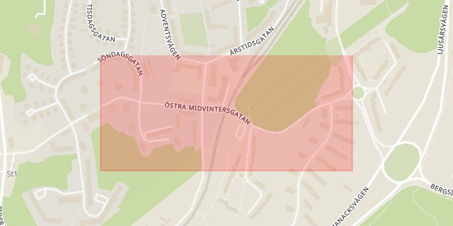 Karta som med röd fyrkant ramar in Östra Midvintersgatan, Göteborg, Västra Götalands län