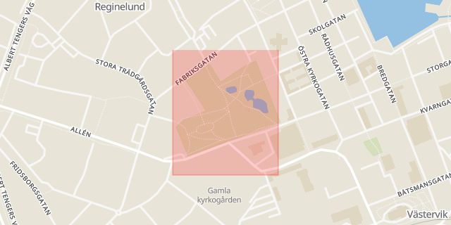 Karta som med röd fyrkant ramar in Stadsparken, Scenen, Västervik, Kalmar län