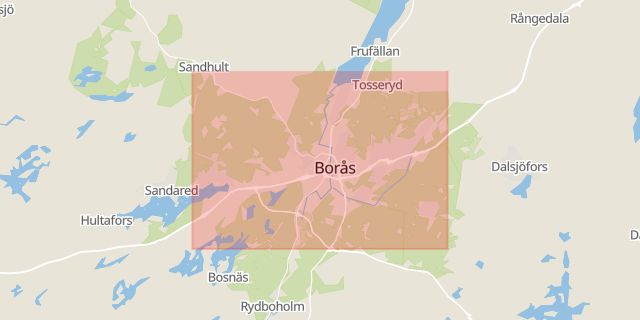 Karta som med röd fyrkant ramar in Borås, Viaredsvägen, Bygärdesgatan, Boden, Västra Götalands län