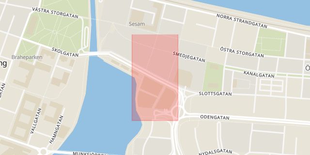 Karta som med röd fyrkant ramar in Östra Storgatan, Regeringsgatan, Gislaved, Jönköpings län