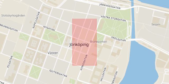 Karta som med röd fyrkant ramar in Jönköping, Eksjö, Smålandsgatan, Gislaved, Jönköpings län