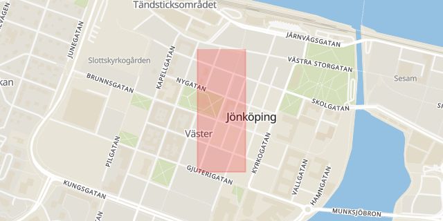 Karta som med röd fyrkant ramar in Trädgårdsgatan, Jönköping, Birger Jarlsgatan, Värnamo, Jönköpings län