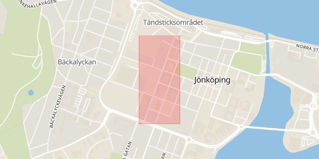 Karta som med röd fyrkant ramar in Jönköping, Kapellgatan, Stadsparken, Utsmyckning, Jönköpings län
